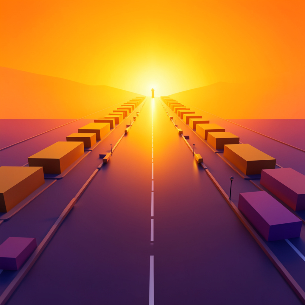An isometric 3D render of a wide boulevard stretching toward a glowing horizon, lined with low geometric structures in warm amber and deep violet tones, a solitary beacon of light at the vanishing point